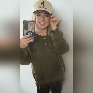 Cozy Aura Distressed Sweater - Olive Energy